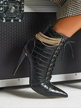 Shoe Dazzle Black Croc-Embossed Lace-Up Stiletto Boot with Gold Chain